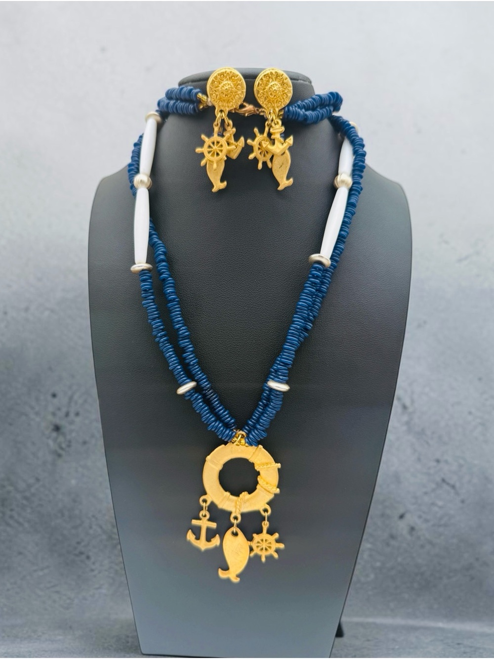 Vintage Artisan Navy Blue and Gold Nautical Charm Necklace w/ Matching Earrings